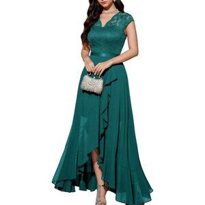 Women's Turquoise V-Neck  Hi-Lo Floral Lace Prom Cocktail Party Formal Dress